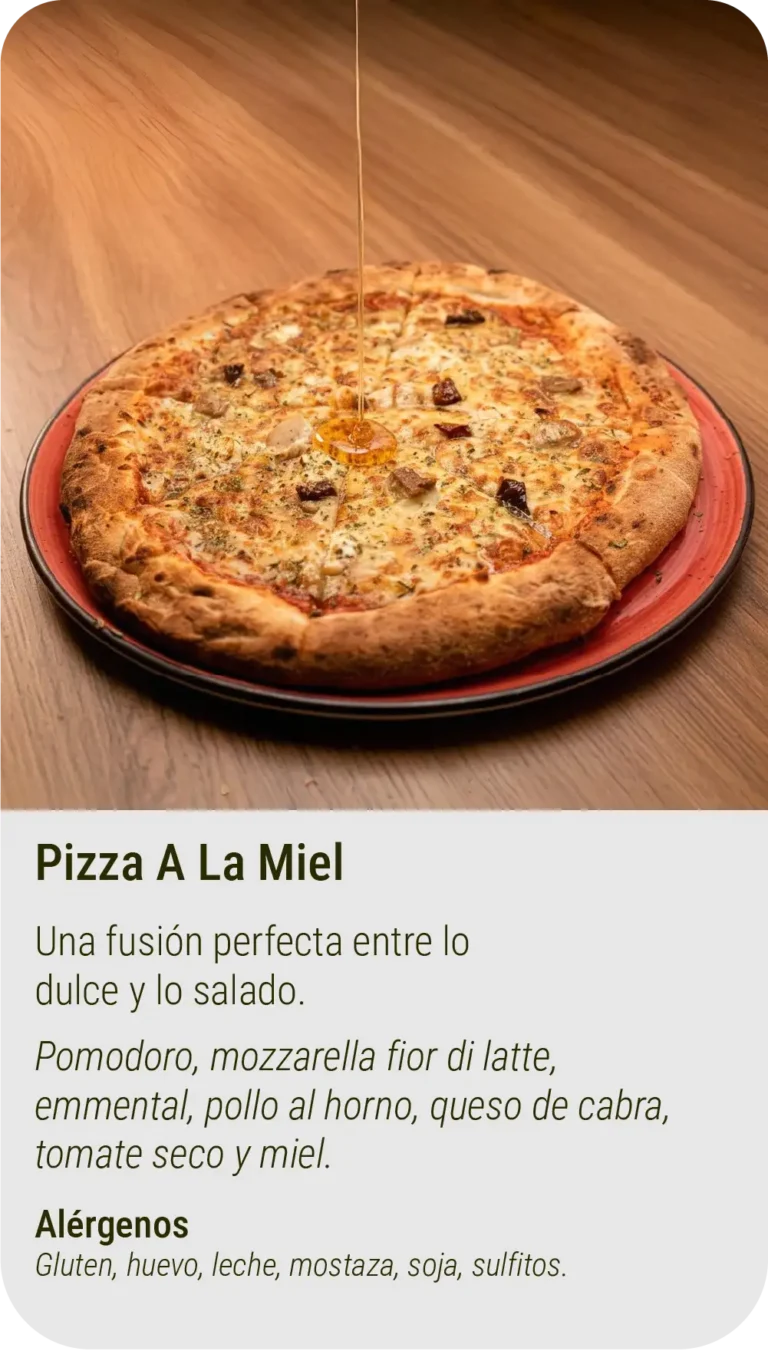 tarjeta de pizza a la miel preparada en restaurante lavin foodie, carcaixent, valencia