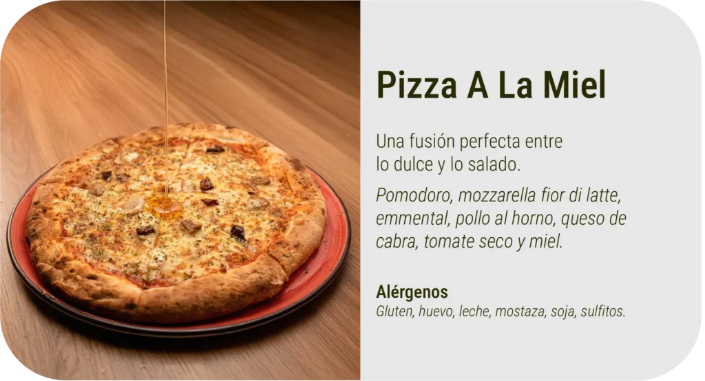 tarjeta de pizza a la miel preparada en restaurante lavin foodie, carcaixent, valencia