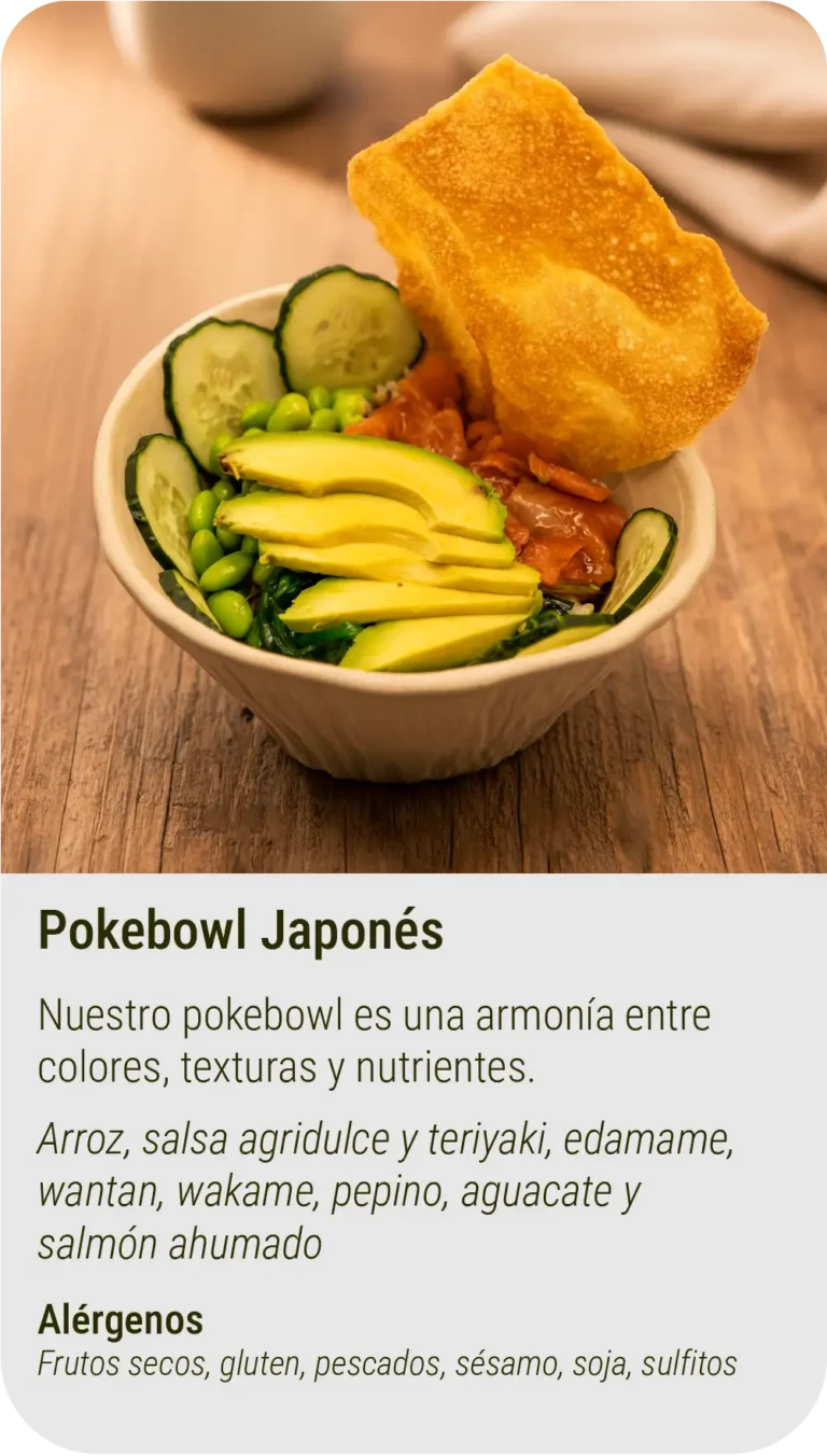 tarjeta de plato pokebowl japones en el restaurante lavin foodie, carcaixent, valencia