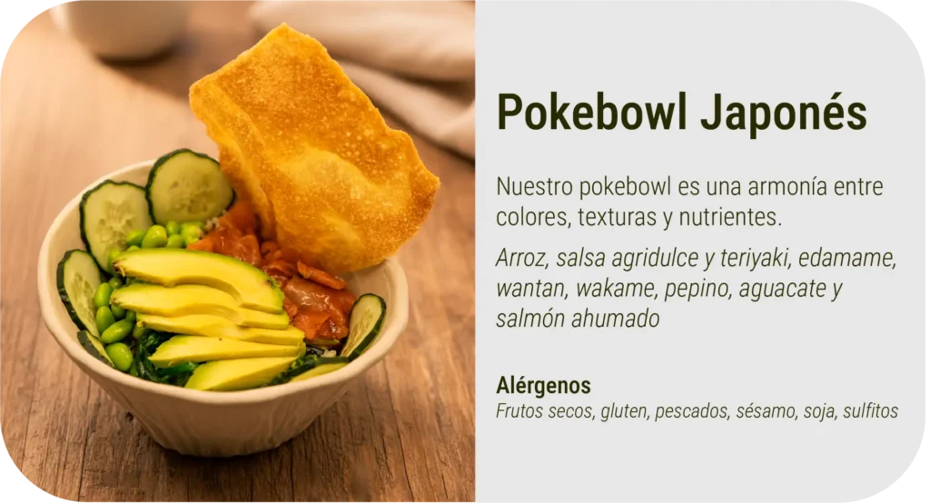 tarjeta de plato pokebowl japones en el restaurante lavin foodie, carcaixent, valencia